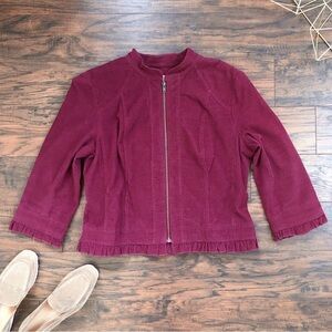 Sandro • burgundy corduroy jacket cropped 3/4 sleeve ruffle trim zip front